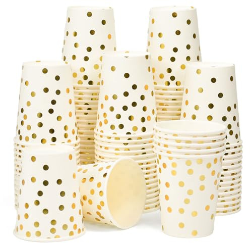 SLTAXAR 100 Pezzi Bicchieri di Carta 9oz/250ml Bicchieri Carta con Pois Dorati Bicchier i di Cart a per Feste Bicchierini Biodegradabili per Bevande per Feste Matrimoni Caffè Bevande Calde e Fredde