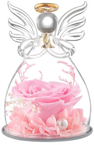 Flomoon Mothers Day Angel Rose Gifts for Mum, Preserved Rose in Glass Angel Figurine Real Roses Birthday Gifts for Women, Eternal Rose Mothers Day Flowers for Grandma Wife Daughter, Pink