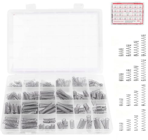 300 Stück Druckfedern Sortiment, 24 Spezifikationen Druckfedern, Länge 10mm 15mm 20mm 30mm, Mechanik & DIY mit Sortierbox | Edelstahl-Federn, für Werkzeuge, Geräte, Handwerkzeuge, Auto