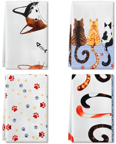 Ecofocet 4 Stück Küchentücher, Cartoon Katze Küchenhandtuch Set, Geschirrtücher, Küche Trockentuch Bar Handtücher, Geschirrhandtücher, Multi-Purpose Handtuch-Set 45 x 66 cm