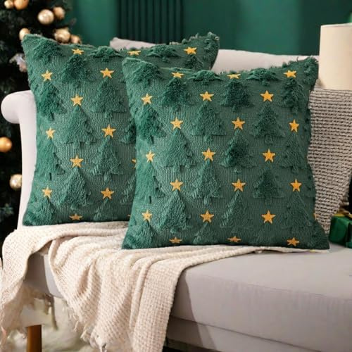 Kashyke 2 Stücks 45x45cm Kissenbezüge Weihnachten,Weihnachtsdeko Kissenbezug Kissenhülle Weihnachten Weihnachtskissenbezug für Innen Aesthetic Zimmer Couch Sofa Dekor (Grün,Baum & Stern, 45 * 45cm)