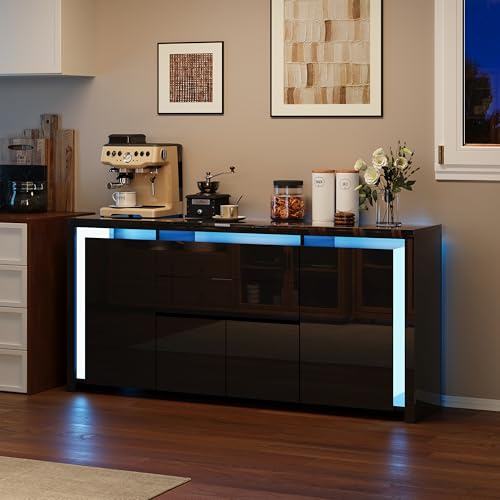 Anrichte,Sideboard,Küchenschrank mit 2 Schubladen 4 Türen,Buffetschrank,Sideboard Küchenbuffet Aufbewahrungsschrank,Sideboard Kommode ,Mehrzweckschrank,Flurschrank,Weiß,160x35x75 cm (Schwarz-1)