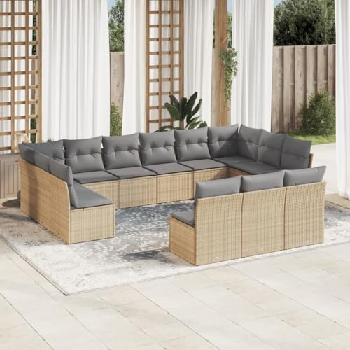 Hoopleep Ensemble de canapé de jardin de 13 pièces avec coussins beige - Salon en rotin synthétique pour terrasse et balcon - Groupe de sièges modulaire avec espace de rangement