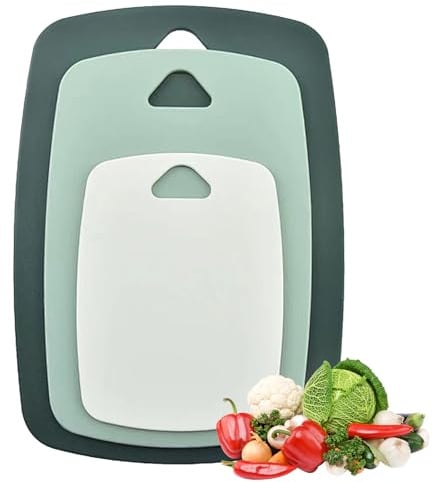 Juego de 3 tablas de cortar de cocina, sin BPA, aptas para lavavajillas, antideslizantes, 3 tamaños con agujero para colgar, tablas de cortar de plástico para carne, verduras, frutas y pan