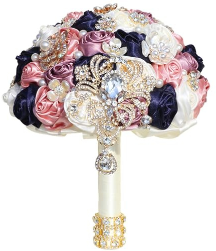 Elegante bouquet da sposa con rose in raso con strass e perle, 8, 66 pollici di diametro x 10, 24 pollici di altezza Bouquet da sposa per matrimonio, damigella d'onore, fiori nuziali legati a mano