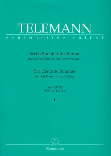 Sechs Sonaten im Kanon für zwei Querflöten oder zwei Violinen op. 5 TWV 40:118-120 (1738) (Heft 1). Spielpartitur(en), Urtextausgabe, Sammelband. BÄRENREITER URTEXT