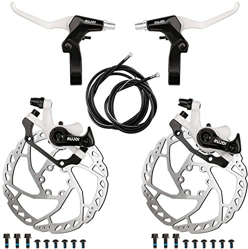 RUJOI Fahrrad-Scheibenbremsen-Kit, Vorder- und Hinterradsattel aus Aluminium, Fahrradbremshebel aus Vollaluminiumlegierung, 160 mm Bremsscheibe, Mechanischer werkzeugloser Belageinsteller für Rennrad