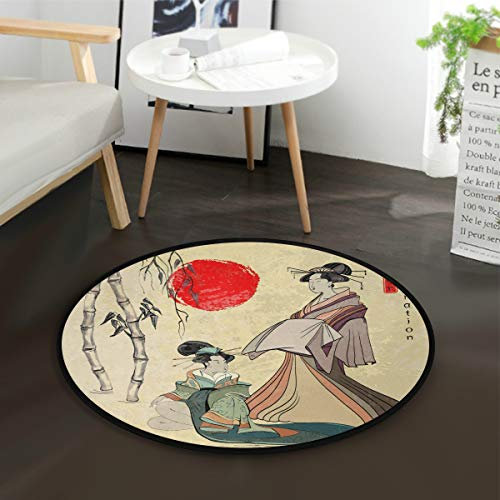 Mnsruu Tapis rond en bambou pour salon, chambre à coucher, motif geisha japonaise, 92 cm de diamètre