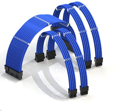 LINKUP - AVA 50cm PSU Kabelverlängerung Ummantelt GPU Nach Maß PC Stromversorgung mit Kamm-Kit | 1x 24 P (20+4) | 2X 8 P (4+4) CPU | 2X 8 P (6+2) GPU Set | 500mm - Blau