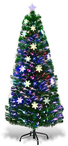 DREAMADE Sapin de Noël Artificiel avec Flocon de Neige 90CM/120CM/150CM/180CM, avec Lampes à LED et Etoile au Sommet d’Arbre, Pieds en Fer et Feuilles en PVC, Décoration pour Noël Vert (150cm)