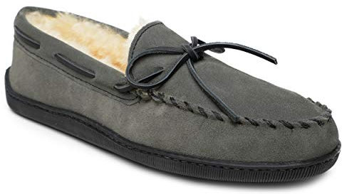 Minnetonka Herren Mokassin-Hausschuhe aus Schaffell mit harter Sohle, grau, 44.5 EU