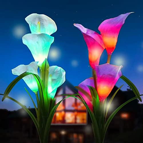 GUANSHAN 2 luci solari da esterno PC, luci solari a fiore di giglio di calla, luce solare a LED a fiore, cambio di luce a 7 colori, perfetto per giardino, cortile, patio, passerella (rosso + viola)