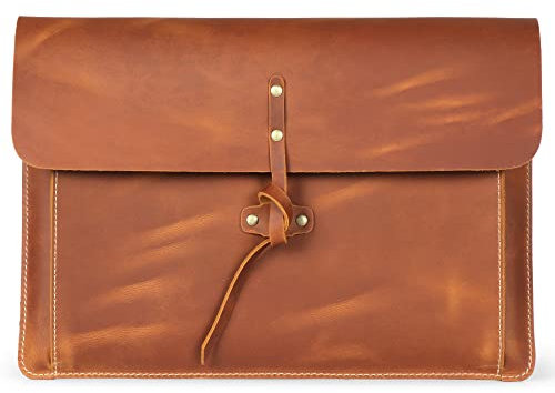 Londo Funda de Cuero Genuino para MacBook Pro y MacBook Air, con Bolsillo Frontal y Cierre Flap – 16 - 15 - 15,5 (M4, M3, M2, M1, Pro & MAX) Modelos 2020-2024