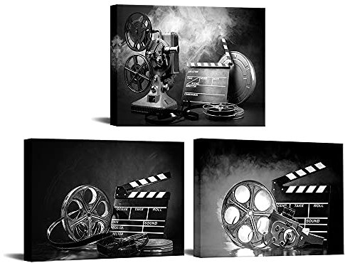 3-teiliges schwarz-weißes Leinwandbild, Wandkunst, Filmkonzept, klassische alte Mode-Filmrollen, Poster, Kunstwerk für Bar, Pub, Zuhause, Kino, Medien, fertig zum Aufhängen, 30.5 x 40.6 cm x 3 Stück