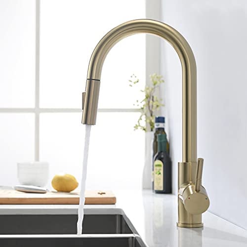 TIMACO Robinet de cuisine doré brossé avec douchette extensible - Robinet de cuisine pivotant à 360° - Mitigeur monocommande pour évier de cuisine