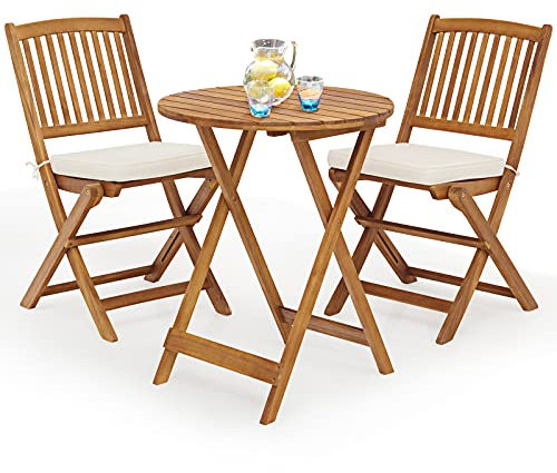 GOPLUS Juego de Mesa y Sillas para Jardín 3 Piezas, 1 Mesa Redonda y 2 Sillas Plegables con Cojines, Muebles Jardin de Madera de Acacia para Exterior Terraza Patio Bistro Piscina (Beige)