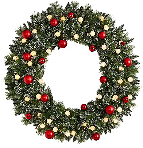 Nearly Natural 4ft. Oversized Pre-Lit Frosted Holiday Artificial Christmas Wreath with Ornaments and 40 LED Globe Lights