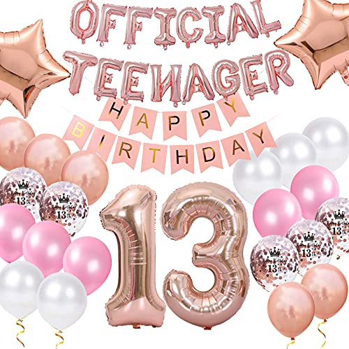 Offizielle Teenager 13. Geburtstag Dekorationen für Mädchen, Happy Birthday Banner Roségold Nummer 13 Geburtstags Stern Folien Ballons Konfetti Ballons für 13 Jahr Geburtstags Deko Mädchen