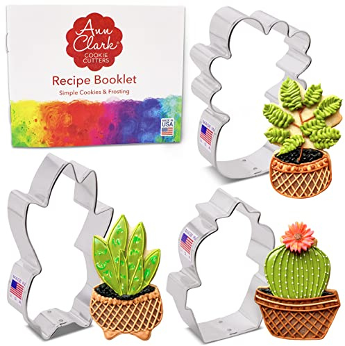 Ann Clark Houseplant Cookie Cutter Set of 3, Made in USA | Includes Fiddle Leaf Fig, Snake Plant, & Prickly Pear Cactus, America's Largest Cookie Cutter Maker, Food-Safe American Steel