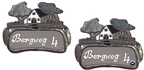 Haus mit Bäumen-Keramikschild grau/silber-Türschild-Klingelschild-Namensschild-Schild-140 x 100 mm-Relief von Hand gefertigt-Incl. Eigentext-Mit, oder ohne Klingel (6985 ohne Klingel)