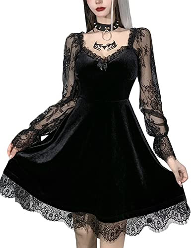 Women 's Black Gothic Lolita Lace Dress Long Sleeve Lace-up Vintage Punk Puff Sleeve A Line Swing Short Goth Dress (F-Black, Large)