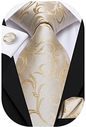Hi-Tie Herren Krawatte Schwarz Paisley/Plaid/Streifen/Einfarbig Krawatten Set Einstecktuch Manschettenknöpfe Business Formal Hochzeit Meeting Geschenkbox,Champagner Blume