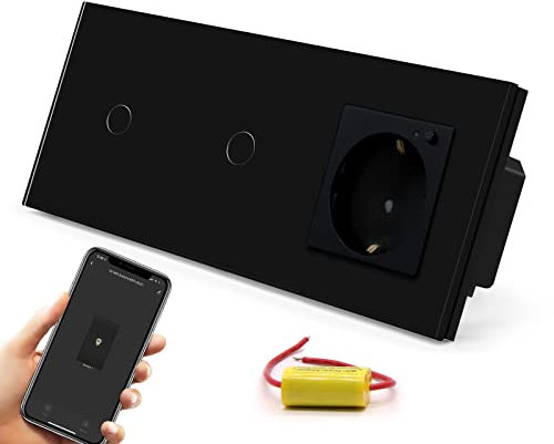 BSEED Interruptor de Luz Táctil WiFi Inteligente,Panel de Cristal,Compatible con Alexa, Smart Life y Tuya (No Necesita Cable Neutro),2 * 1 Gang con 1 WIFI Enchufe,228mm Negro