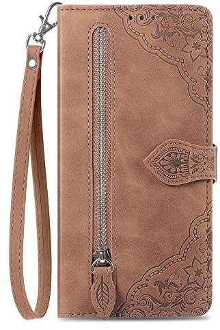 TIANYUE Funda para Xiaomi Poco X3 Pro/X3 NFC Estuche Tipo Billetera con Cremallera, Funda de Cuero PU con Cierre magnético Kickstand Correa muñeca Flip Case, Carcasa para Xiaomi Poco X3 Pro-Marrón