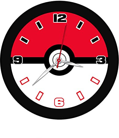 Accutime POK3155-A Kinder Wanduhr Pokéball,Runde Analoguhr zum Lernen der Zeit,Dekoration für das Kinderzimmer,Batteriebetriebene Quarzuhr,Pokémon Uhr Jungen und Mädchen,Schwarz/Rot/Weiß,ca. 25 cm