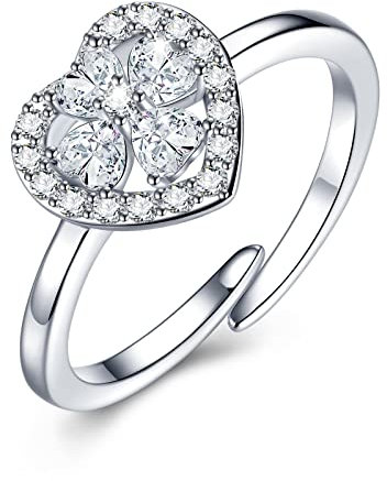 CRYSLOVE Verlobungsring Damen 925 Sterling Silber Offener Verstellbare Vierblättriges Kleeblatt-Herz Zirkonia Promise Eheringe Ringe,Damen Schmuck