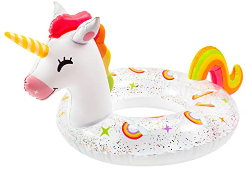 GROBRO7 White Unicorn Inflatable Pool Giant Float with Glitters Summer Swimming Pool Ring Outdoor Water Lounge Raft Vinyl Swimming Floaty Pool Toy Beach Party Supplies for Adults Kids(10+ years)