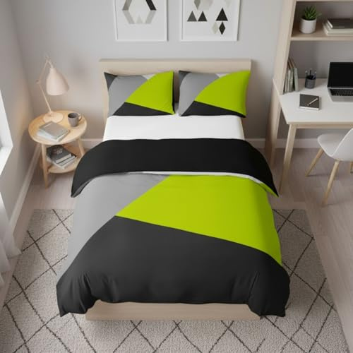 Homewish Lime Green Black Grey Bedding Set Geometric Triangle Duvet Cover Super King Patchwork Comforter Cover For Kids Teen Adults Modern Abstract Bedspread Cover With 2 Pillow Cases