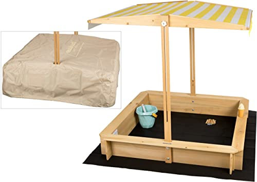 needs&wants® Bac à Sable en Bois avec Couvercle Plastique Oxford 600D pour Enfants, avec Toit refermable, siège, Sol, carré, UV-Protection, rectangulaire extérieur, pour Jardin et Jeux, Jaune Blanc
