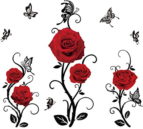 SUPERDANT Rote Rose Wandsticker Abnehmbare Blumen Schmetterling Wandaufkleber Home Wandtattoo Wanddekoration DIY Vinyl Wandsticker Für Schlafzimmer Sofa Hintergrund TV Wanddekoration 74x58cm