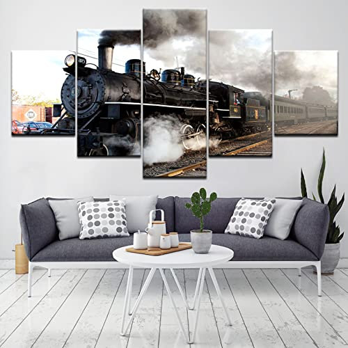 Targawerelax Leinwand-Wandkunst 5 Stück Dampfzug Lokomotive Leinwand Gemälde Abstrakte Poster Und Drucke Wandkunst Bilder Wohnzimmer Wohnkultur Kein Rahmen 200x100cm