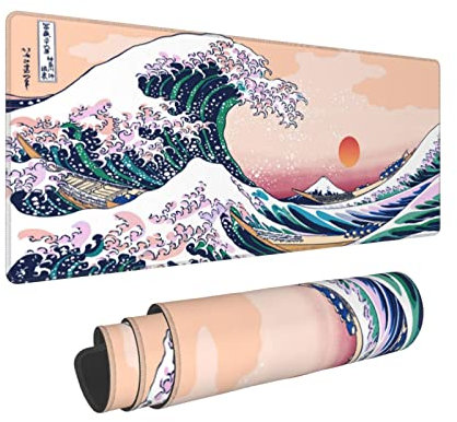 Tapis de souris japonais Kanagawa - Grande vague - Tapis de souris long - XL - Tapis de souris en caoutchouc - Bords cousus - 80 x 30 cm