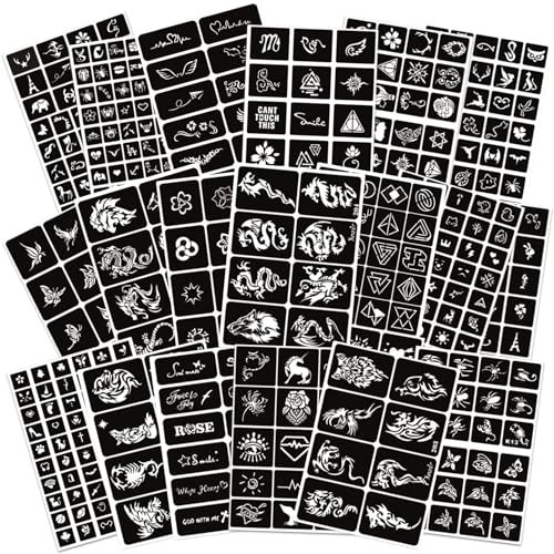 458+ Tattoo Schablone Kit, 20 Blatt Henna Schablonen Wiederverwendbare Temporäre Tattoo Schablonen für Kinder & Erwachsene Face Paint Body Art Glitter Tattoo Schablonen