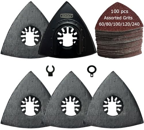XXGO 105 Pcs Triangular 3-1/8 Inch 80mm 60 80 100 120 240 Grits Multitool Sanding Pads Kits Include 100 Pcs Triangle Sandpaper and 5 Pcs Triangle Sanding Pads XG105TU