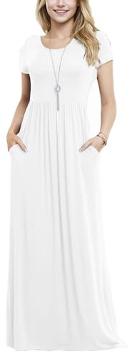 Anelune Women's Short Sleeve Loose Plain Maxi Dresses Casual Long Dresses with Pockets(White-S)
