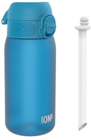 ION8 Kids Water Bottle 350ml/12oz Leak-proof & BPA Free Drinking Bottle with Straw, Triple Lock Lid to Prevent Spills & Integrated Handle, Ideal for Little Hands & Lunch Boxes,Recyclon Blue with Straw