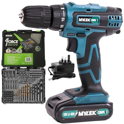 MYLEK 18V Cordless Drill - Lithium Ion Drills Driver Screwdriver Set - 13 Piece Combi Accessory Kit - LED Worklight, 18 Volts Blue/Black with MYLEK 4ORCE Accessory Kit (50 Piece)