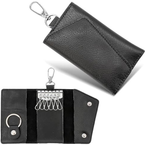 KSJEHW Porte-clés en Cuir véritable pour Hommes et Femmes, Portefeuille pour clés de Voiture en Cuir véritable avec Double Fermeture éclair pour Homme et Femme Noir Taille Unique(Noir)
