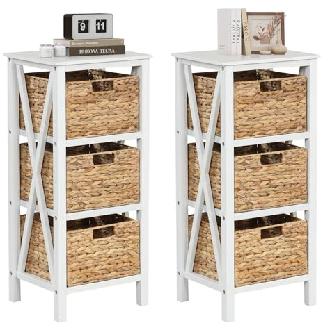 COSTWAY 3-stufiger Nachttisch mit Seegraskörben, schmaler X-Design Beistelltisch, Sofatisch mit Akazienholzbeinen, Aufbewahrungsschrank für Wohnzimmer, Schlafzimmer, Walnuss (36 x 30 x 80 cm, 2er Set)