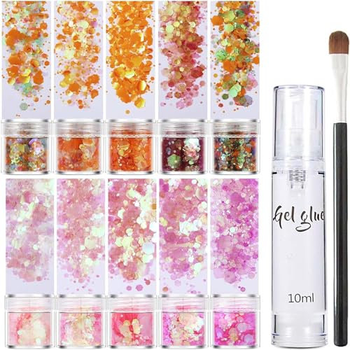 EONFAVE 10 Farben Festival Glitzer Gesicht, Face Chunky Glitter, Body Cosmetic Glitter mit Kleber für Körper, Haare, Nägel, Bühne, Halloween, Party, Inklusive Long Lasting Fix Gel und Pinsel (Rosa)