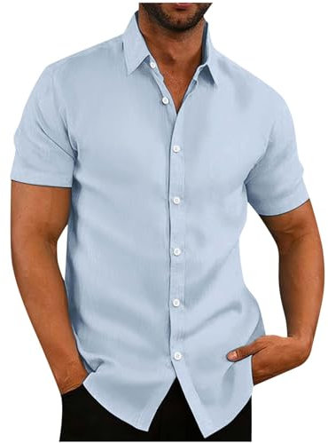Linen Shirts Men Short Sleeve Button Down Casual Summer Hawaiian Lapel Cotton Blouses Regular Fit Holiday Beach Solid Henley Shirt with Pocket UK Size 8-22 Clearance