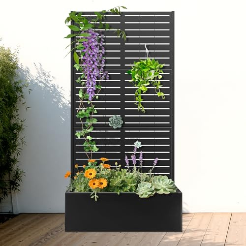 FENCY Metal Raised Garden Bed with Trellis, 35 Lx16 Wx71 H, Black-Louvered