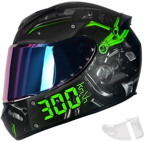 RUYICZB Full Face Motorcycle Helmet with Tinted Visors And Multiple Vents, DOT/ECE Approved Motorbike Moped Street Bike Racing Scooter Helmet for Men And Women,Green black,L 59~60CM