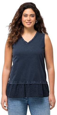 Ulla Popken Damen große Größen Übergrößen Plus Size Top, Stickerei-Bordüre, V-Ausschnitt, ärmellos Marine 54+ 829574130-54+