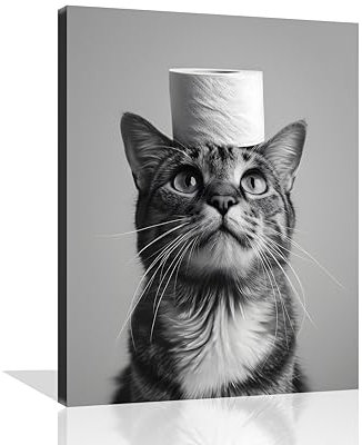 OWNANRTHM Leinwandbild mit Katzenmotiv, lustiges Tier, Badezimmer, Wandkunst, Katzentoilettenpapier, Malerei, schwarz-weiß, Tier-Toilettenbilder für Bad, WC, Wanddekoration, gerahmt, 30,5 x 40,6 cm