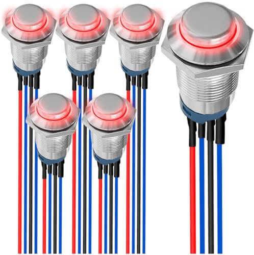 MKBKLLJY 6St. 12mm Momentary Red LED Push Button Switch Sliver Shell DC 12V 3A 4Pin 1NO SPST IP65 Waterproof Round Metal Switch Stainless Steel Button with Pre-Wiring for Automotive Car Marine Boat